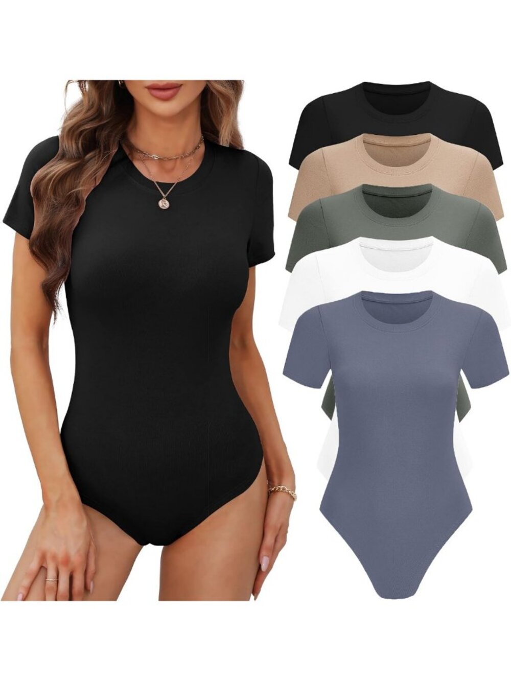 Women's Casual Short Sleeve Round Neck Bodysuit Tops - 4/5 Pack Basic Tees
